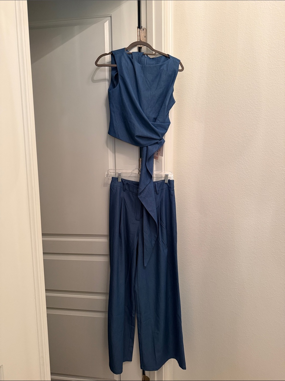 Tailored Wide-Leg Blue Jumpsuit with Draped Waist Tie
